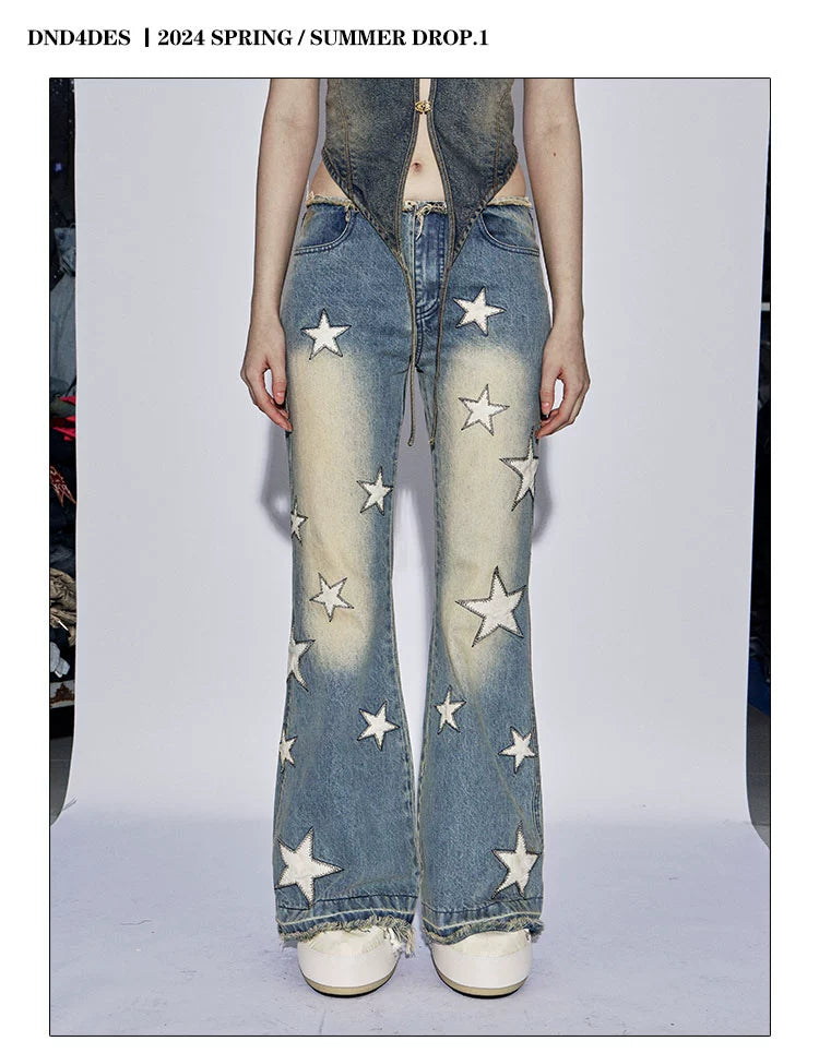 フェイ・チュイ・アメリカン・ベイブス・スターパネル・ウォッシュド・ディストレスド・ルーズエッジ・デザイン・マイクロ・フレア・ローライズ・ジーンズ