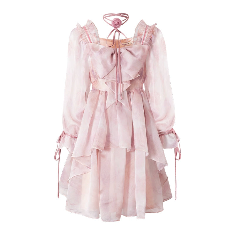 サンセットパーク サンセットパーク「スマッジローズ」ロマンチックなピンクパープルの花パフスリーブプリンセスドレス