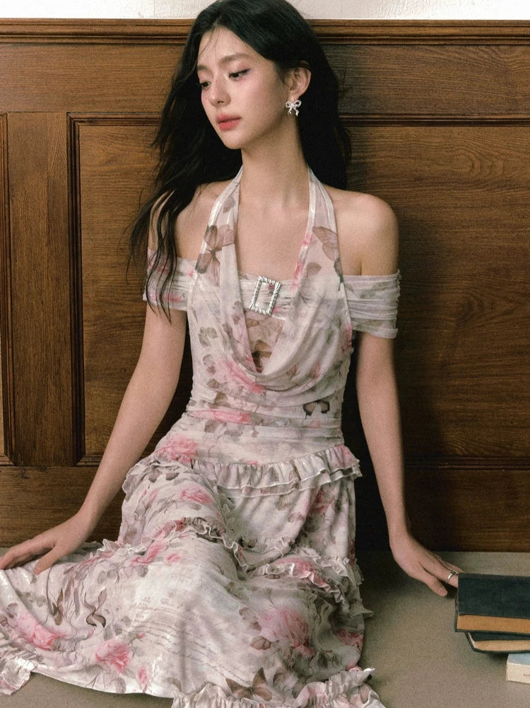 Rose Butterfly Print Asymmetrical One Shoulder Halter Neck Dress