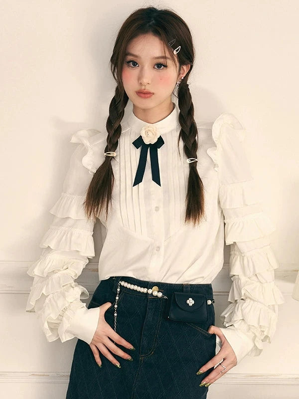 White Ruffle Long Sleeve Bow Knit