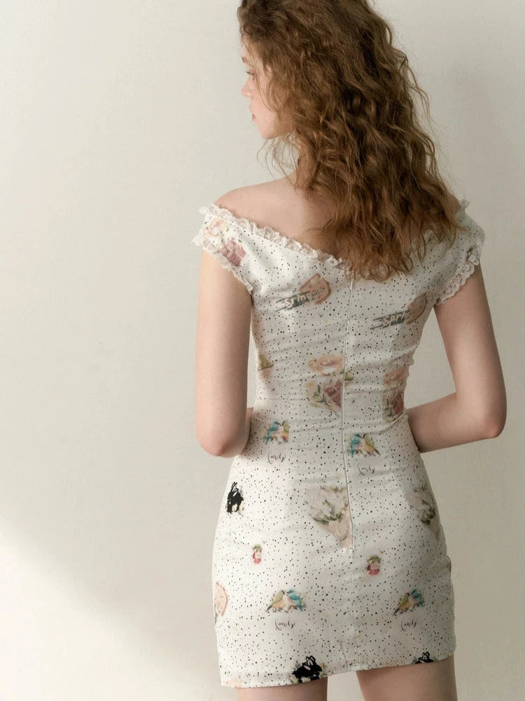 Spotted flower one-shoulder tight waist dress