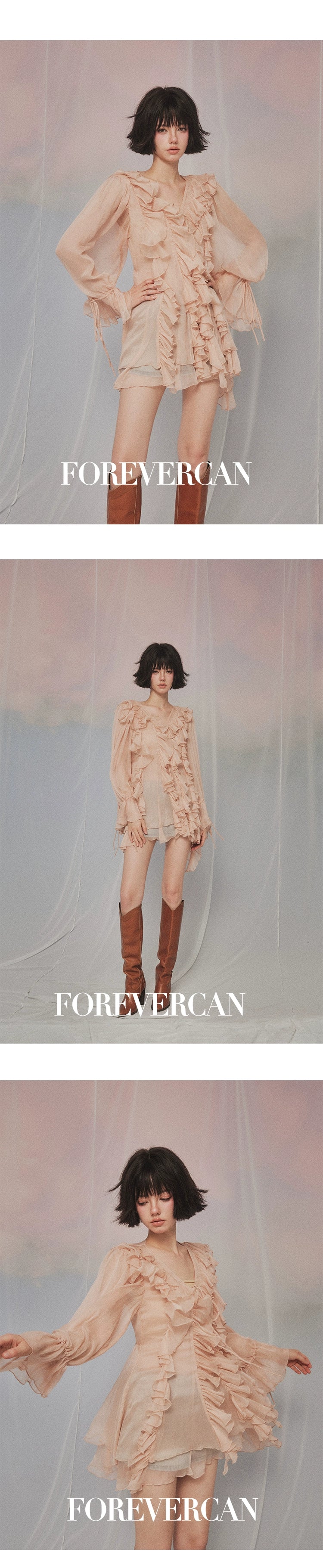 フォーエバーカンレディース2024新しい夏の島の回顧録モネガーデンスタイルVネックフリルトップドレスレディース