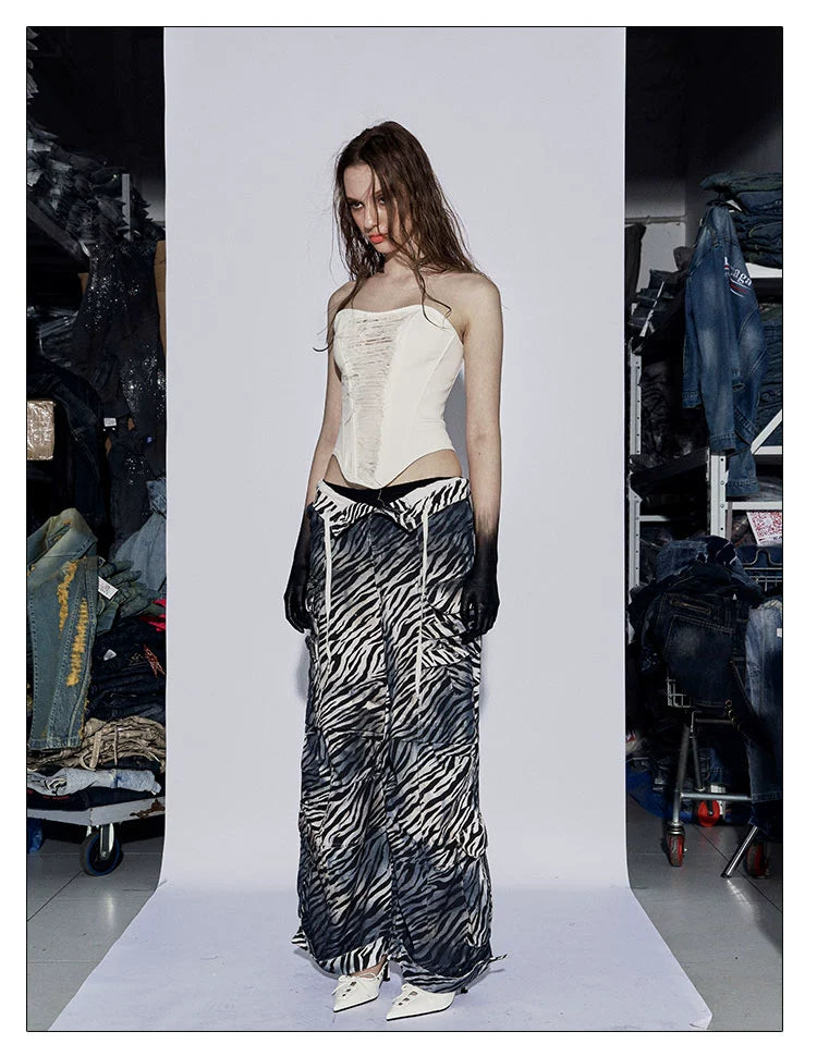 フェイチュイアメリカンヴィンテージベイビーディストレストダーティローライズマルチポケットドローストリングゼブラプリントカーゴパンツワイドレッグパンツ