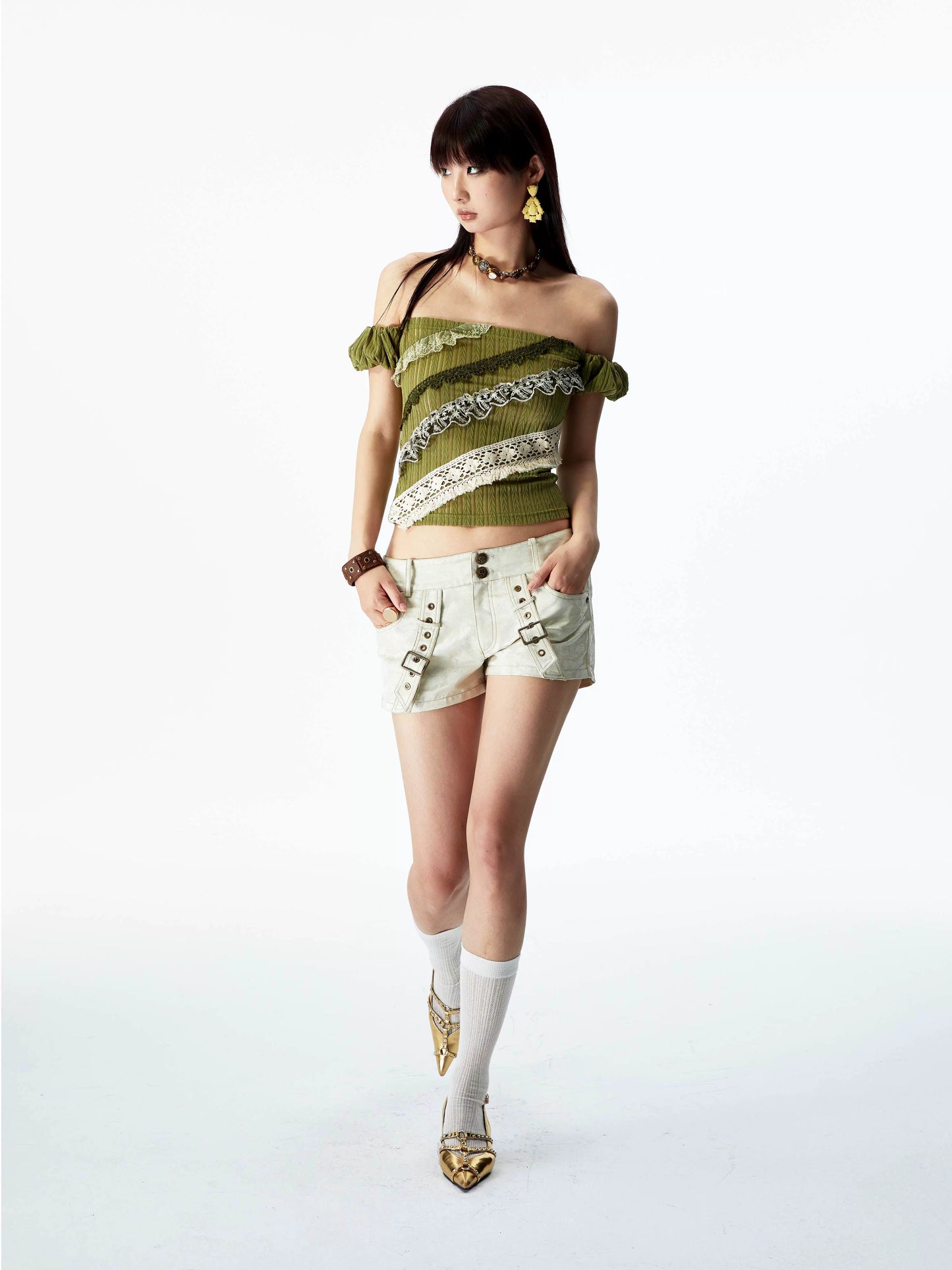 YOSHUYUKI オリジナルデザイン シダーグリーンストレッチニット ビンテージレース ストレートショルダー バンドゥ 半袖