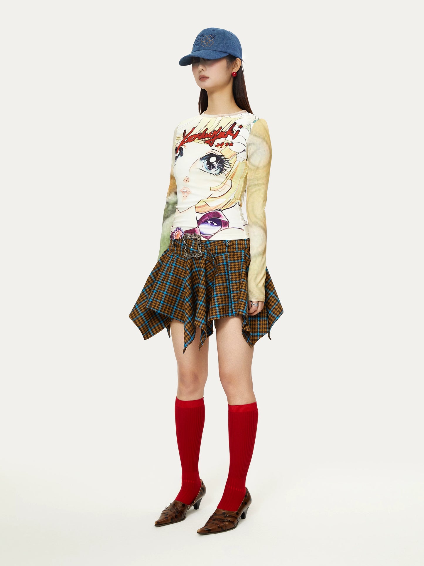 YOSHUYUKI「フリースピリット」レトロパンクコントラストチェックワイドウエストバンドデザイン不規則な裾スカート