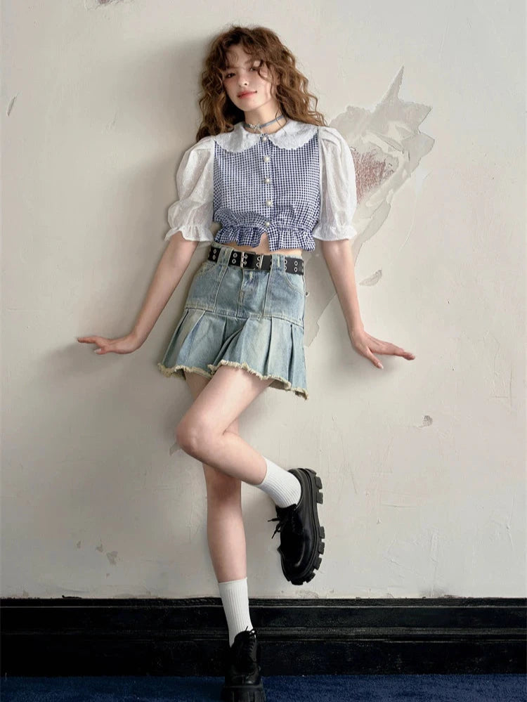 Stitched puff sleeve plaid short sleeve shirt