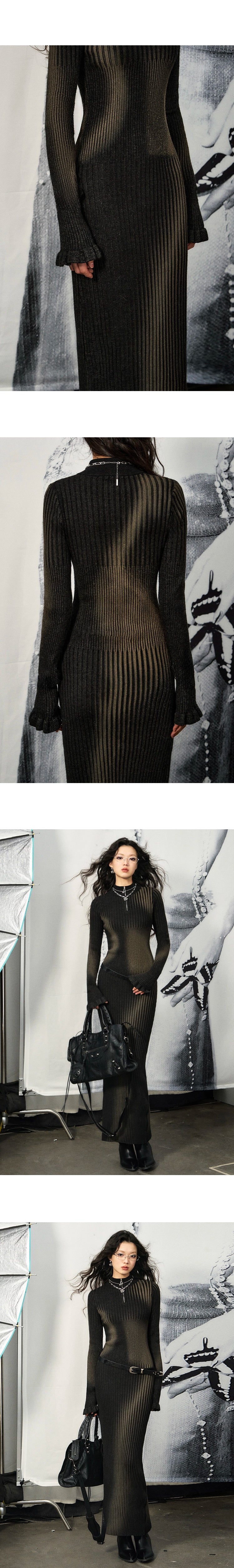 [スポット] OfAkiva「独立した境界線」抽象的なダイレクトプリントドレスレディースピットストリップニットマキシスカート