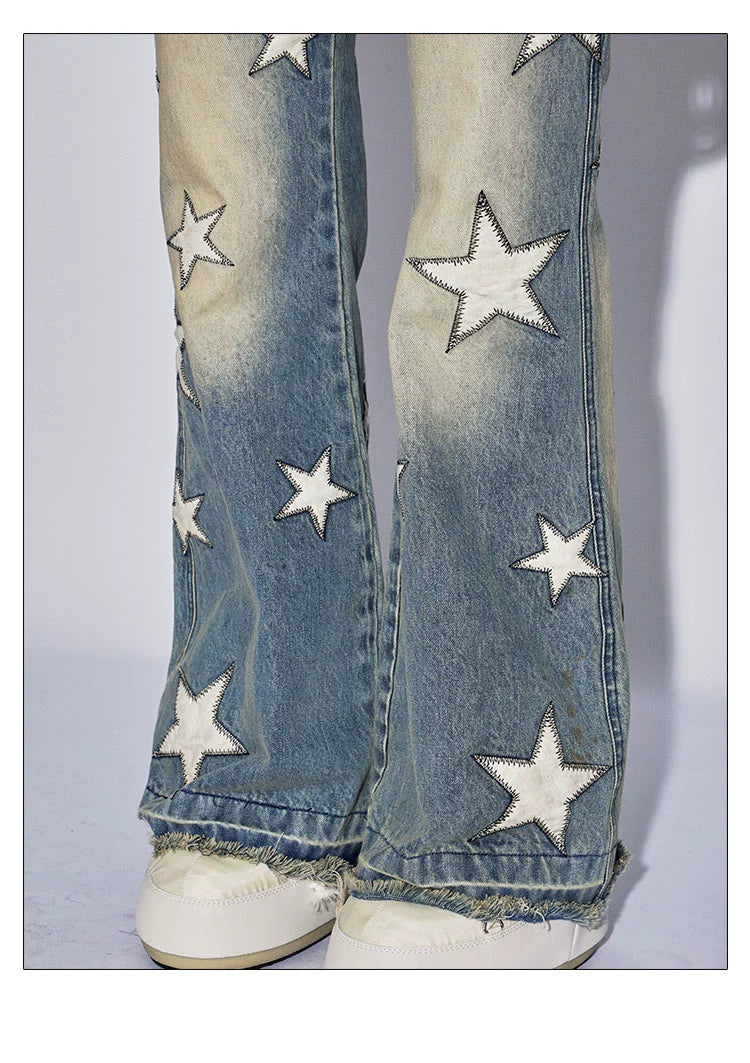 フェイ・チュイ・アメリカン・ベイブス・スターパネル・ウォッシュド・ディストレスド・ルーズエッジ・デザイン・マイクロ・フレア・ローライズ・ジーンズ