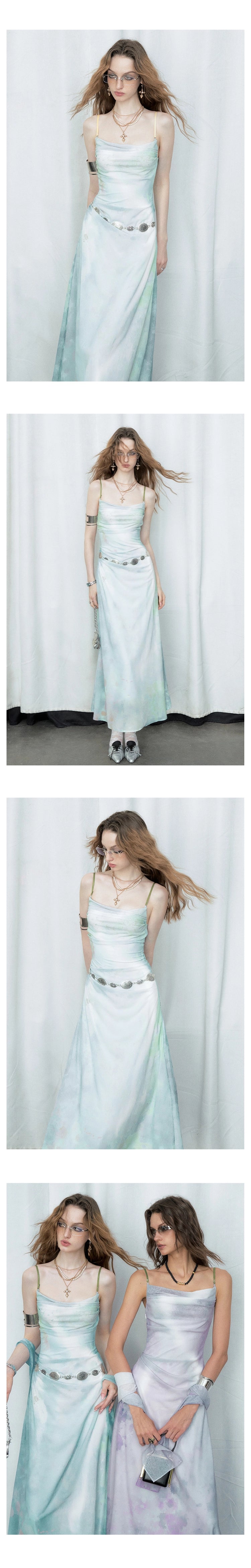 [スポット] OfAkiva "Tsukitani"インクプリントシフォンドレスレディース夏ノースリーブサンドレス