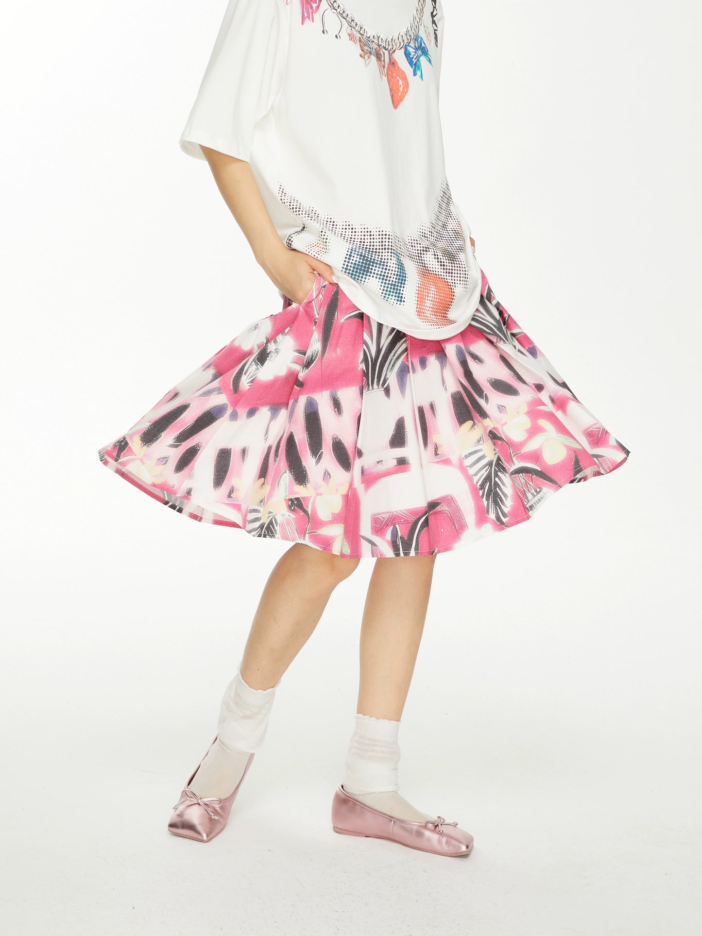 YSYKピンク花柄ピクトリアルパターンスカートスカート