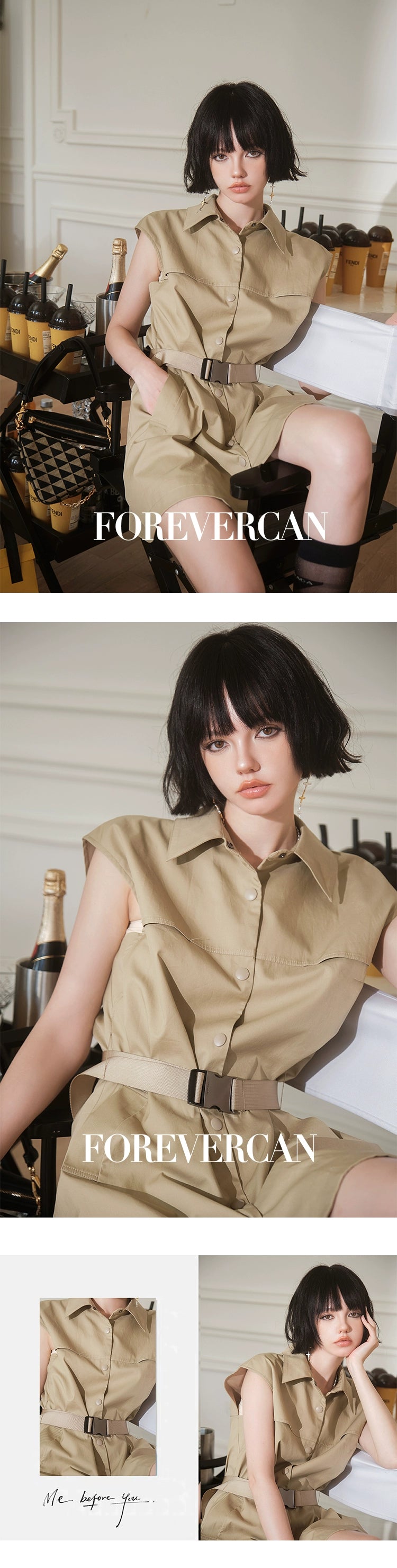 フォーエバーカンレディース2024年夏新しいカーゴジャケットドレスレトロな気質セレブリティスタイルのショートスカート