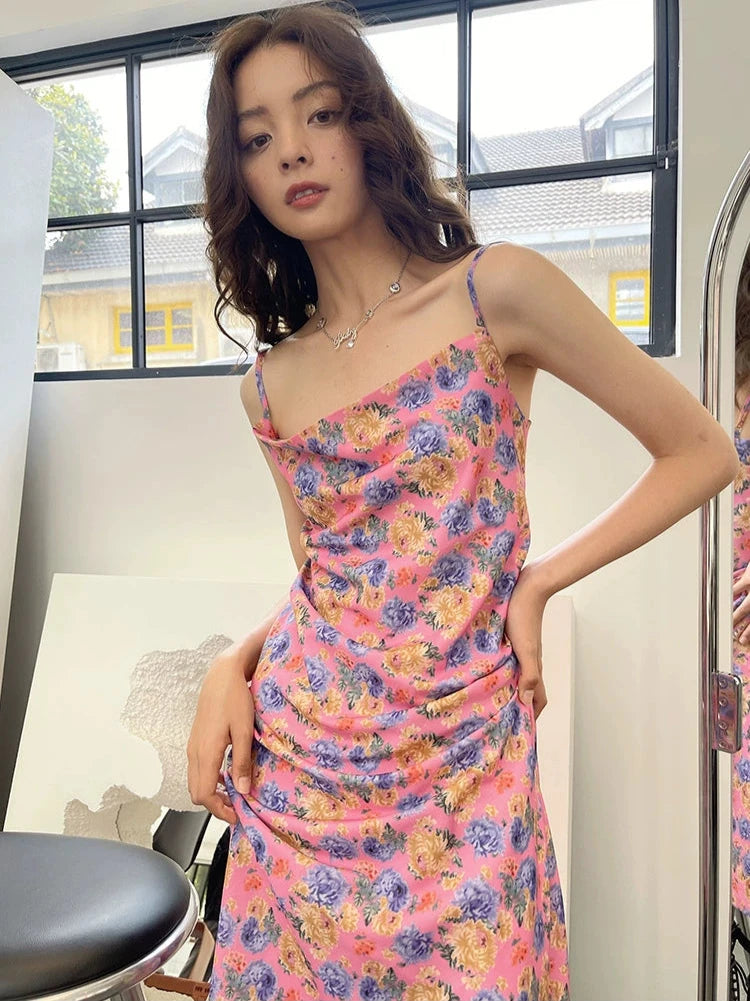 Retro Flower Straight Neckline Slip Backless Dress