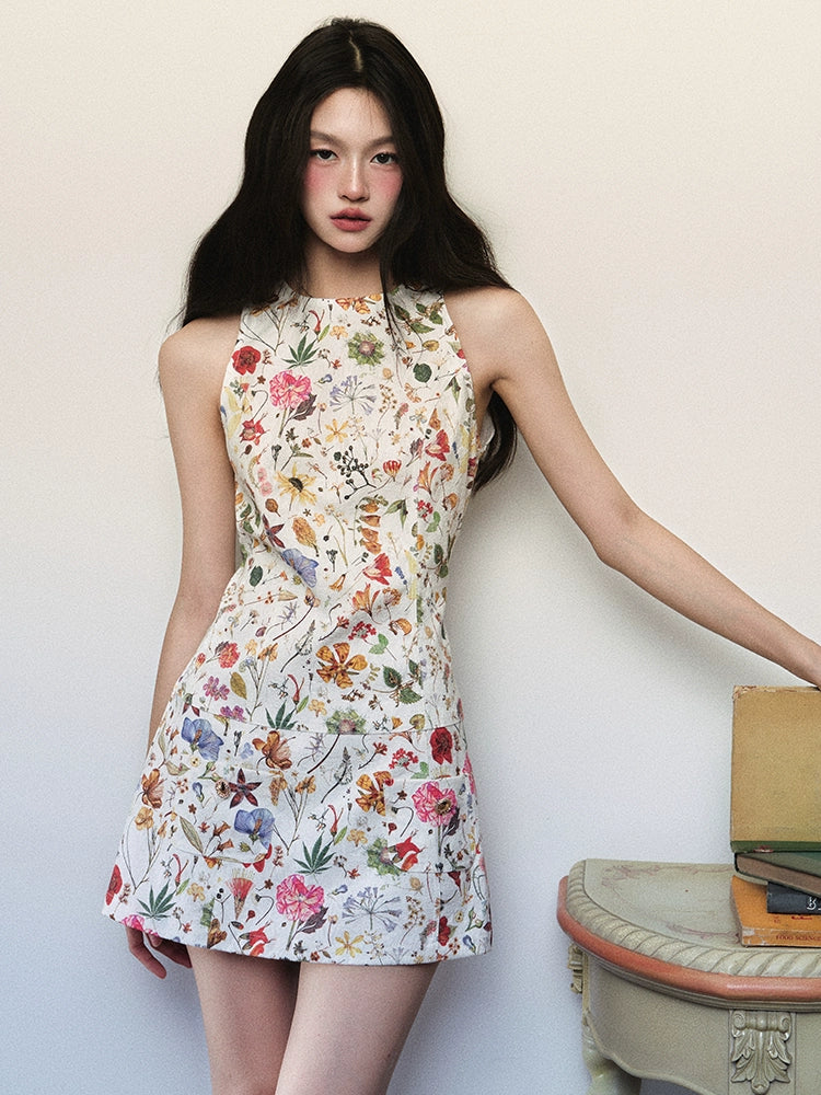 White Textured Floral Pattern Sleeveless Dress