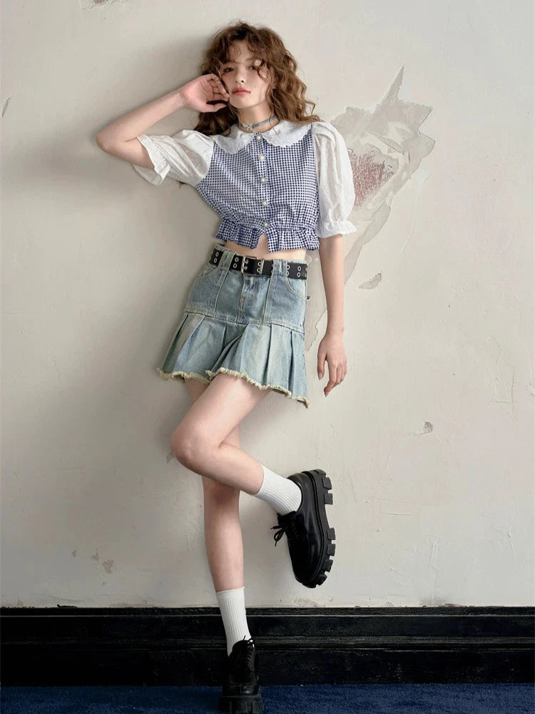 Stitched puff sleeve plaid short sleeve shirt
