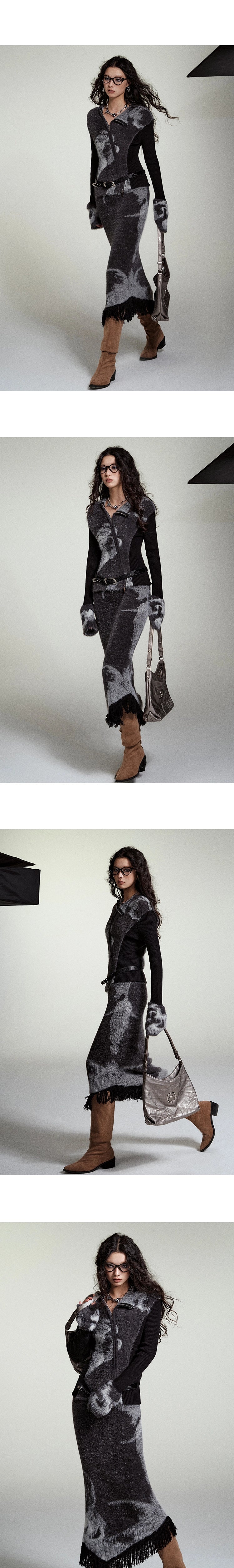 [スポット] OfAkiva「織りジャンル」フェイクミンクジャカードニットスーツレディースカーディガンスカート