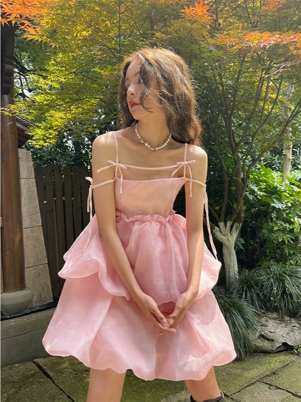 Slip Bow Organza Bud Sleeveless Dress