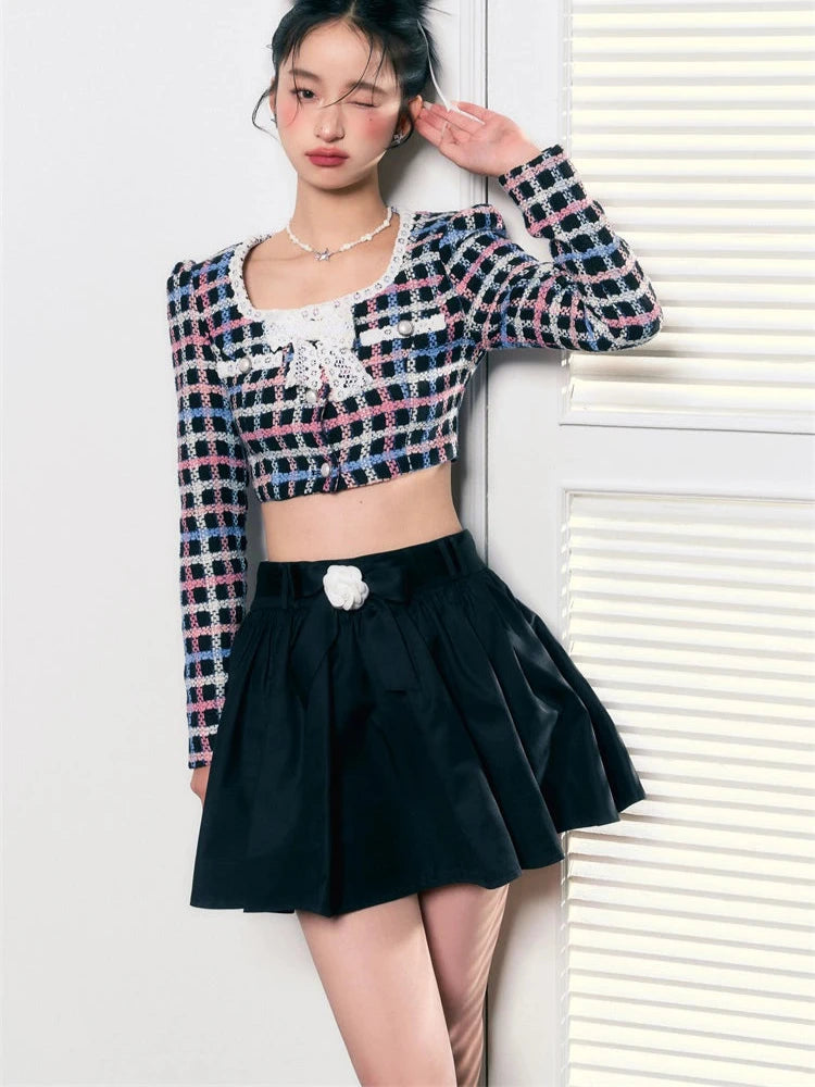 Small Fragrance Square Neck Bow Short Skirt