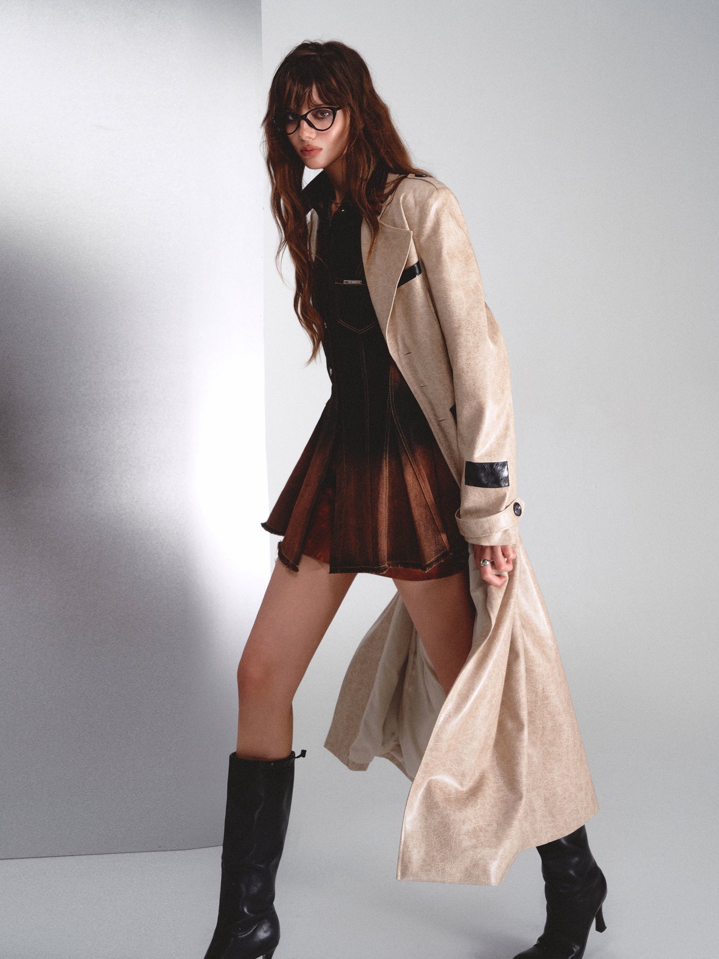 [スポット] OfAkiva「Cool Aesthetics」パッチワークレザーレディースミディベストスカートセット