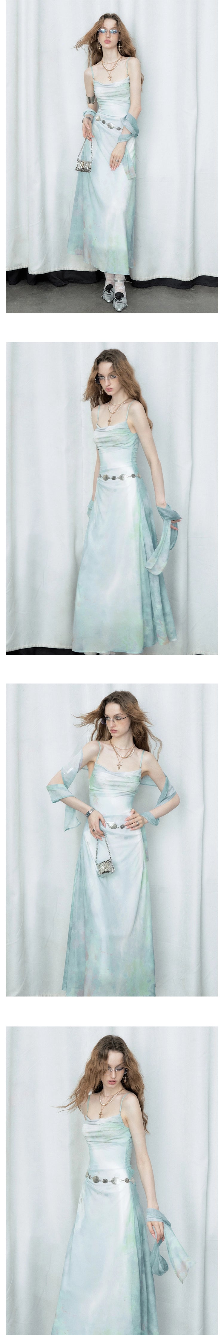 [スポット] OfAkiva "Tsukitani"インクプリントシフォンドレスレディース夏ノースリーブサンドレス