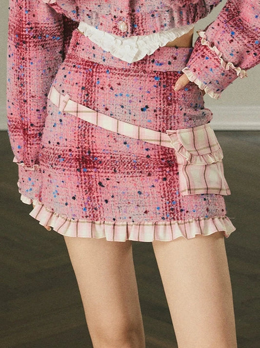 Pink Fragrance Check Stitch Ruffle Skirt