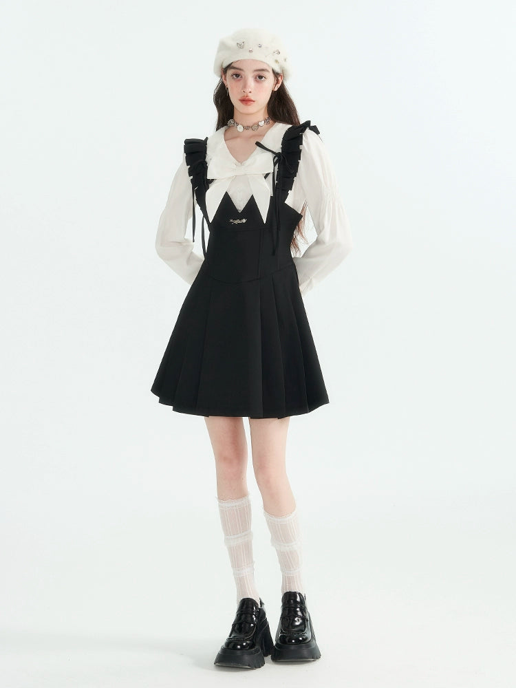 SunsetPark "Night Moon Iris" ブラック スリムウエストストラップ プリーツスカート