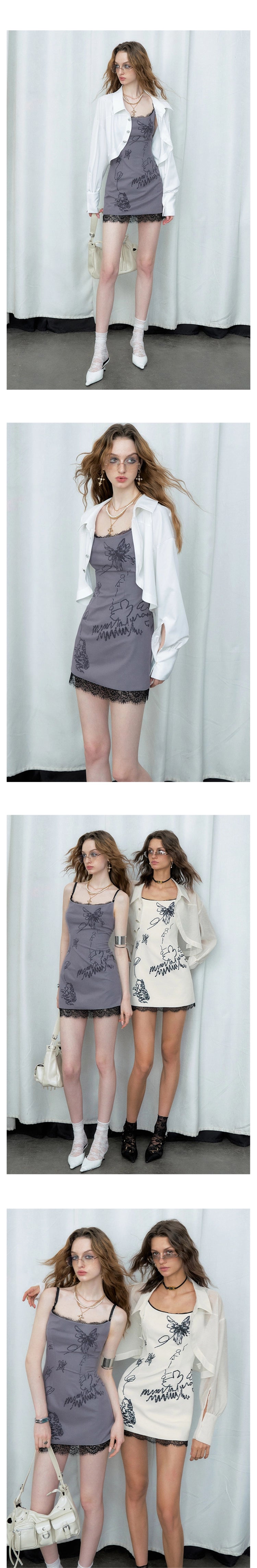 [スポット] OfAkiva 「No Man's Land Poetry」フェイクツーピースデザインバタフライキャットキャットプリントドレス