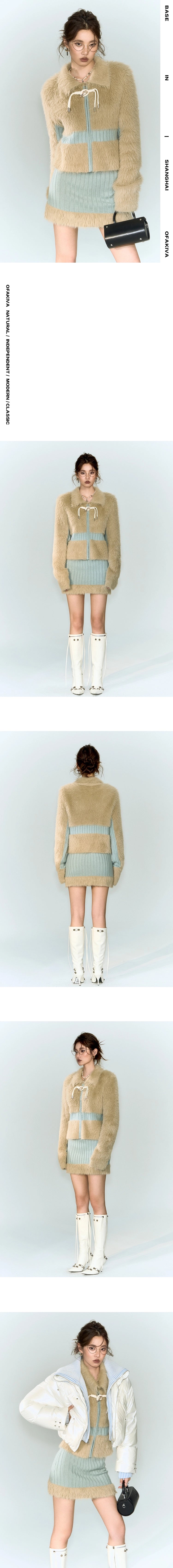 [スポット] OfAkiva「スプライシングその他」フェイクミンクニットパッチワークウィンターコートスカートスーツレディース