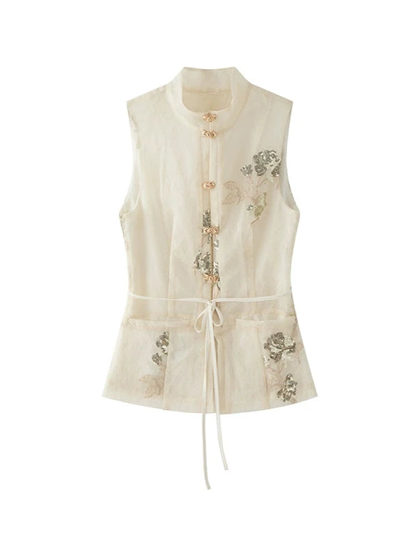 Sequined Embroidered Chinese Stand Collar Tops