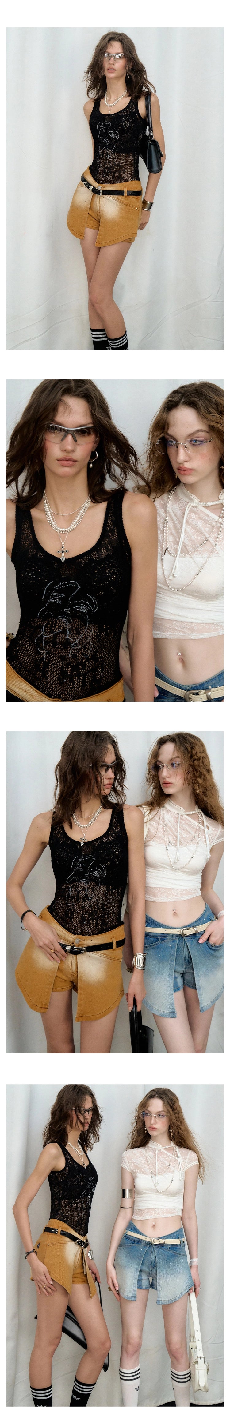 [スポット] Akivaの「だらしない」シアーファイングリッターレースニットプリントマリンベスト