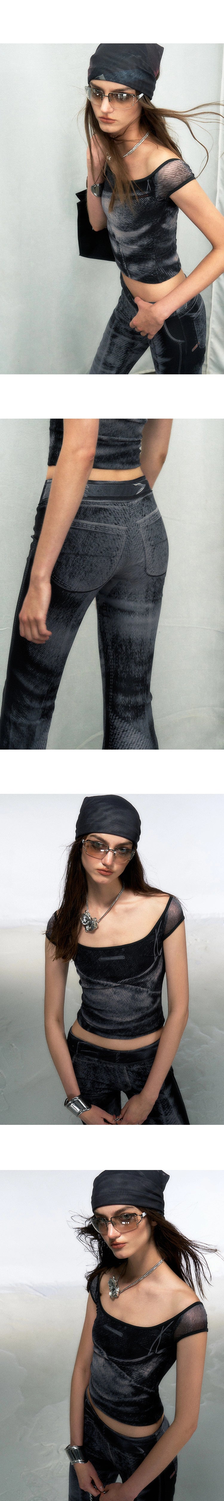 [スポット] OfAkiva「マルチマスタリー」デニムプリントアイスメッシュ通気性ストレッチファッションセット