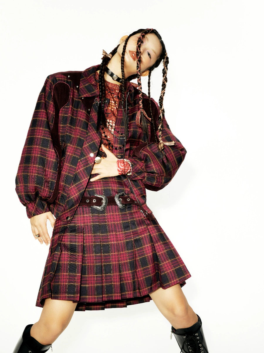 YOSHUYUKI チェックパネル立体ストリップデザイン クロップドパッド入りジャケットジャケットセット