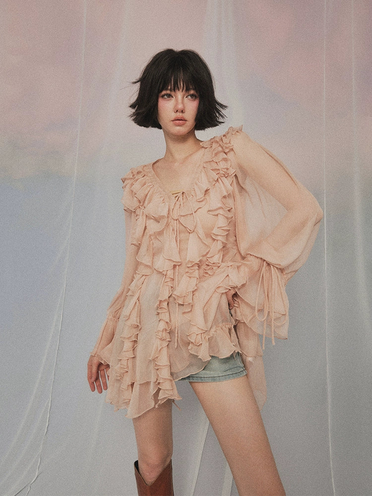 フォーエバーカンレディース2024新しい夏の島の回顧録モネガーデンスタイルVネックフリルトップドレスレディース