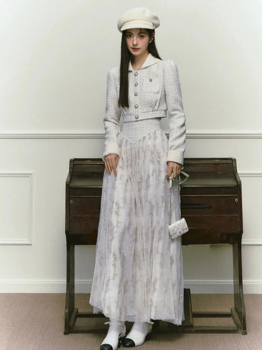 Silver Silk Sequined Small Fragrance Long Skirt