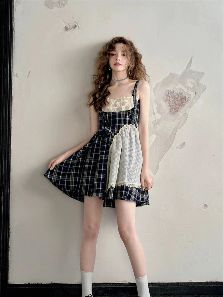 Vintage Check Stitch Slip Luxury Lace College Dress