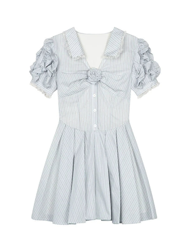 Colored Puff Sleeve Flower Pleated Blue Stripe Dress