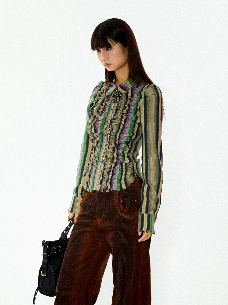 YOSHUYUKI オリジナルデザイン 伸縮性のあるボトムライン 不規則なクリンクルデザイン イエローパープル コントラストストライプ ウエストシャツ