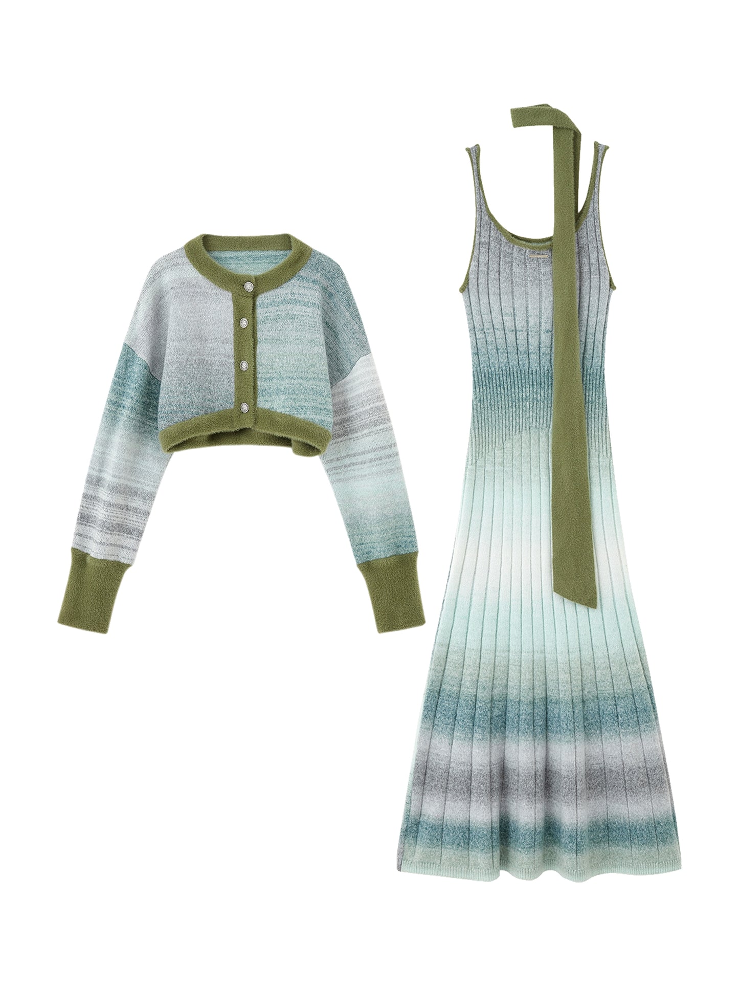 [スポット] OfAkiva「バイカルショア」グラデーションサスペンダーニットワンピースセット女性用ツーピースセット