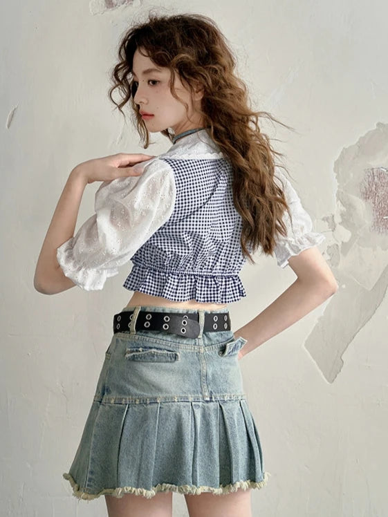 Stitched puff sleeve plaid short sleeve shirt