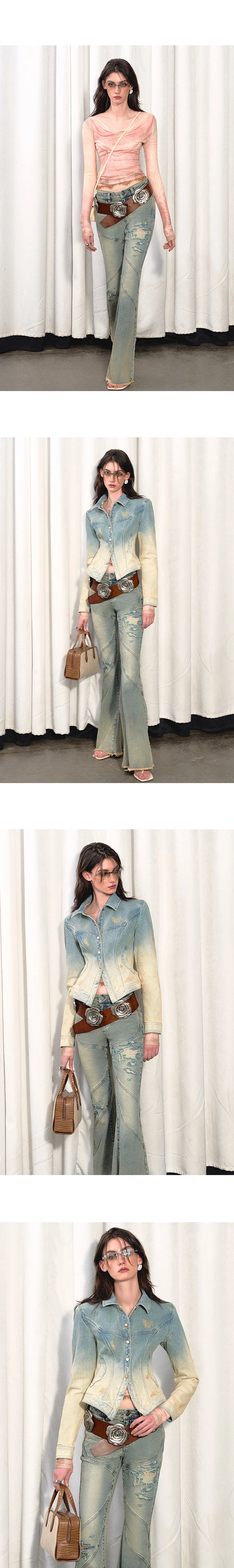 [スポット] OfAkiva「クロス」ウエストストラップ流線型スプリットサボタージュウォッシュジーンズ