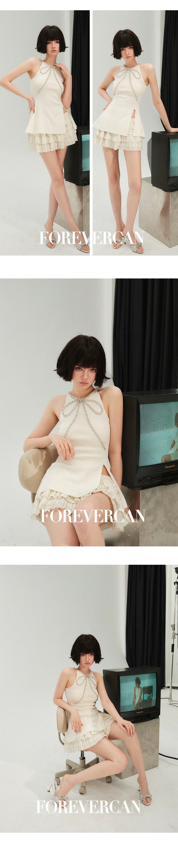 フォーエバーカン レディース サマー 2024 ニュー フローティング セナ プレミアム テンペラメント サスペンドロン ホルターネック スリット トップス