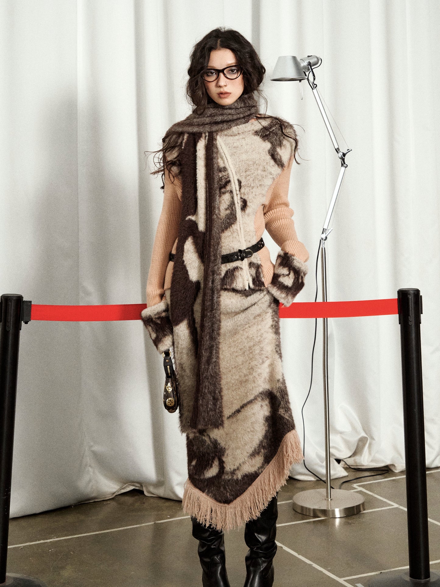 [スポット] OfAkiva「織りジャンル」フェイクミンクジャカードニットスーツレディースカーディガンスカート