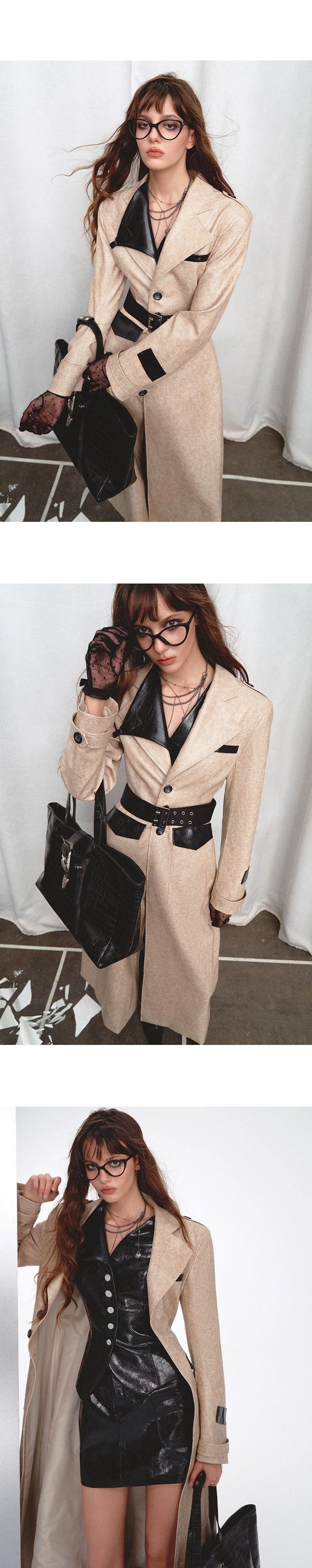 [スポット] OfAkiva「Cool Aesthetics」パッチワークレザーレディースミディベストスカートセット