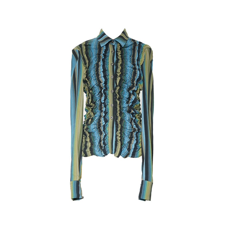 YOSHUYUKIオリジナルデザイン伸縮性ボトムライン不規則な折り目デザインブルーとグリーンのコントラストストライプウエストシャツ