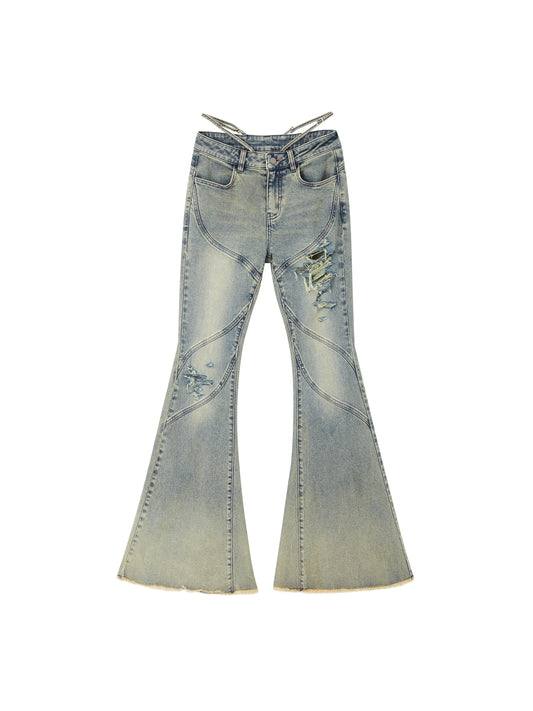 [スポット] OfAkiva「クロス」ウエストストラップ流線型スプリットサボタージュウォッシュジーンズ