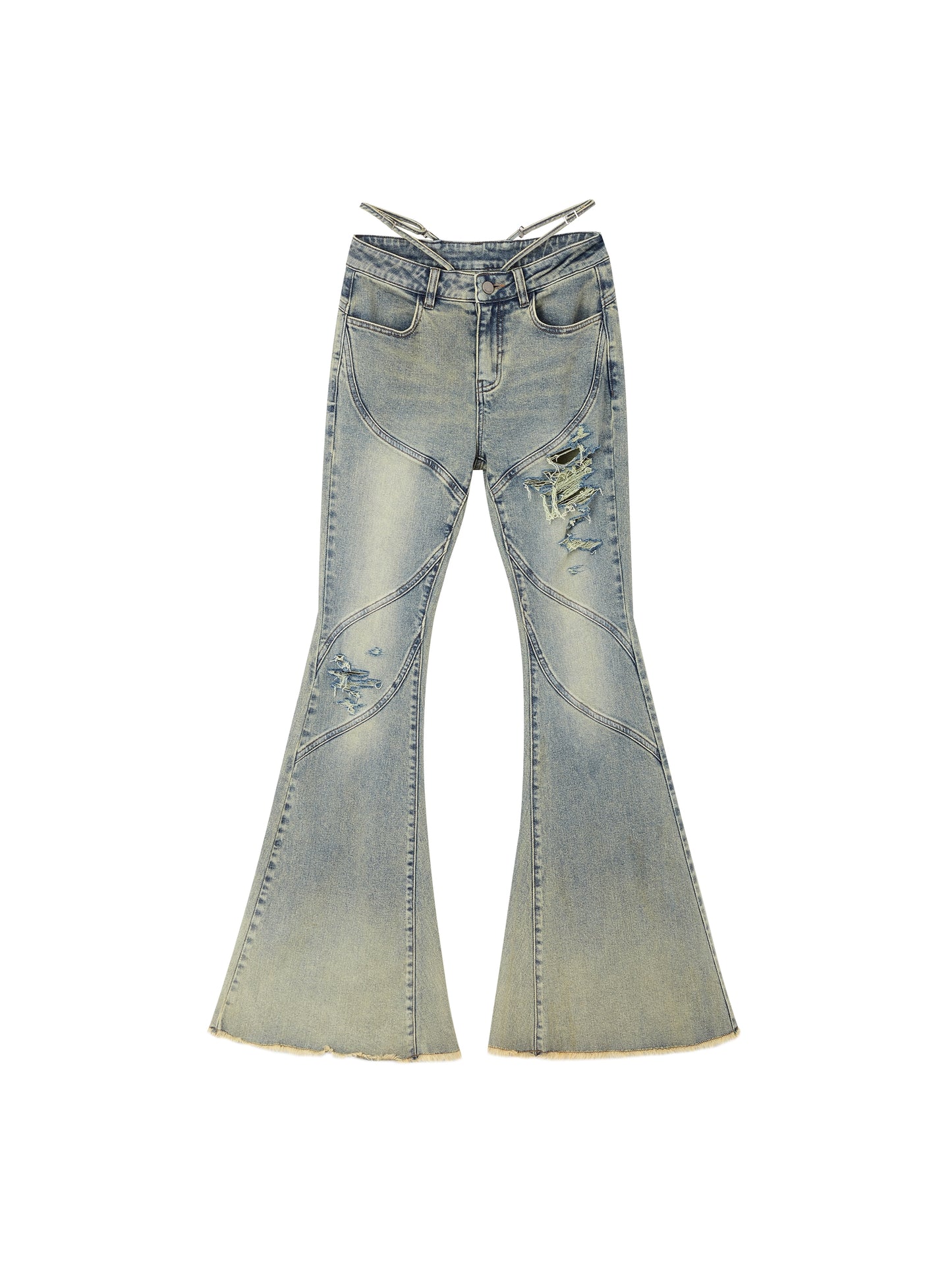 [スポット] OfAkiva「クロス」ウエストストラップ流線型スプリットサボタージュウォッシュジーンズ