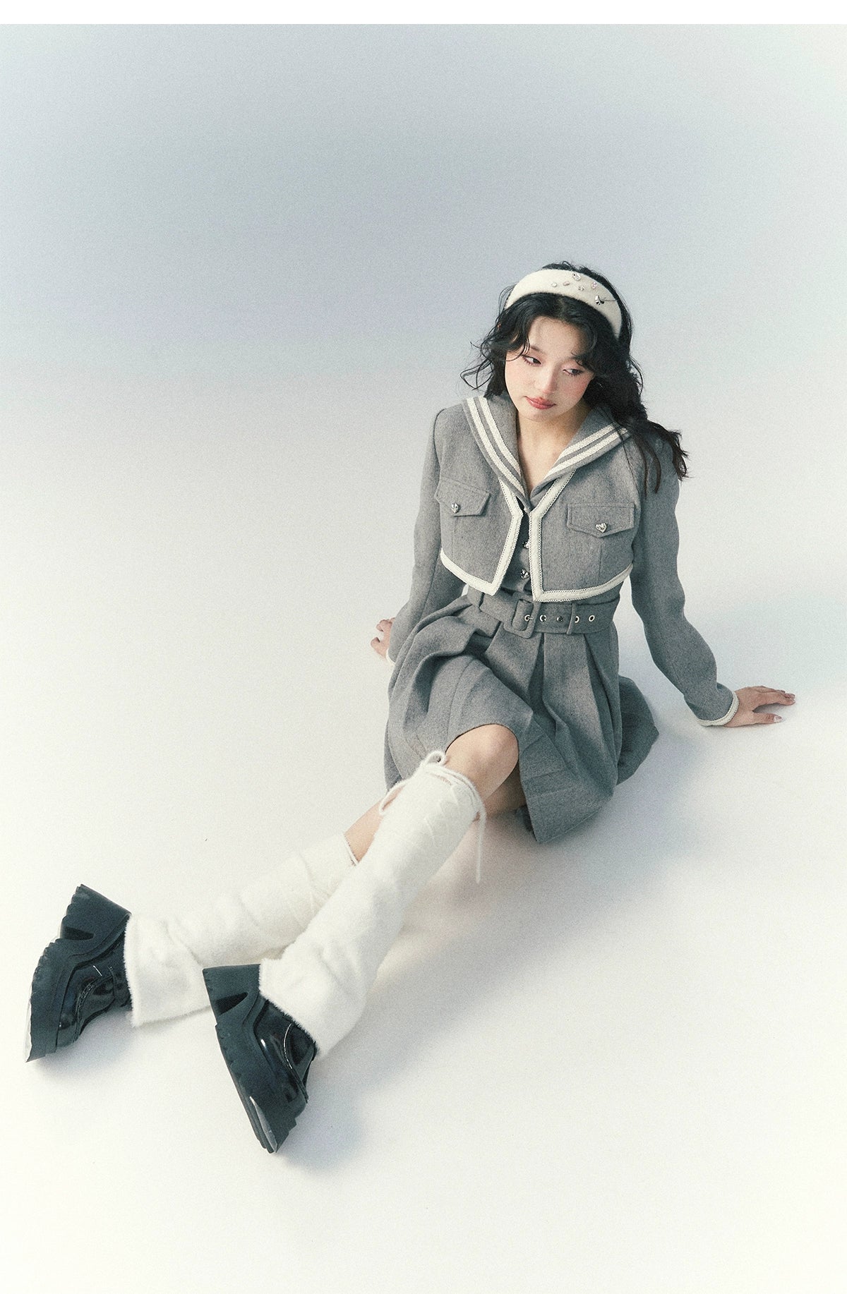 サンセットパークサンセットパークグレーネイビーカラーツイードプリーツドレススーツ秋用ツーピースセット