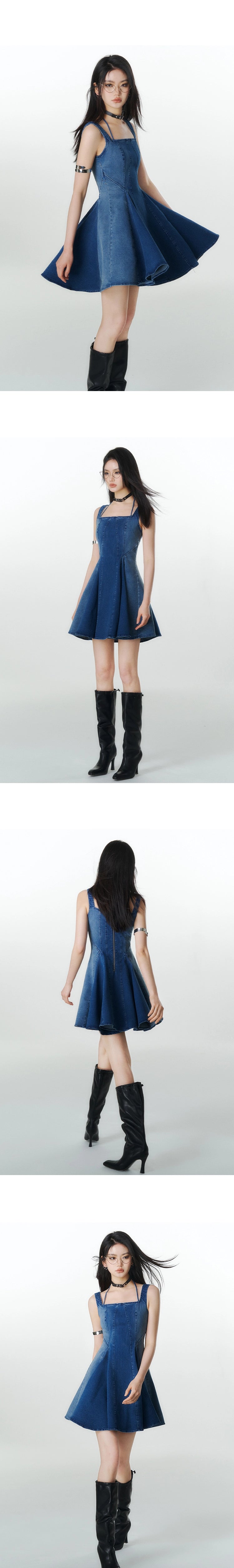 [スポット] アキバ比例分割小さな男の腰洗濯デニムドレス女性のハイウエストノースリーブ傘スカート