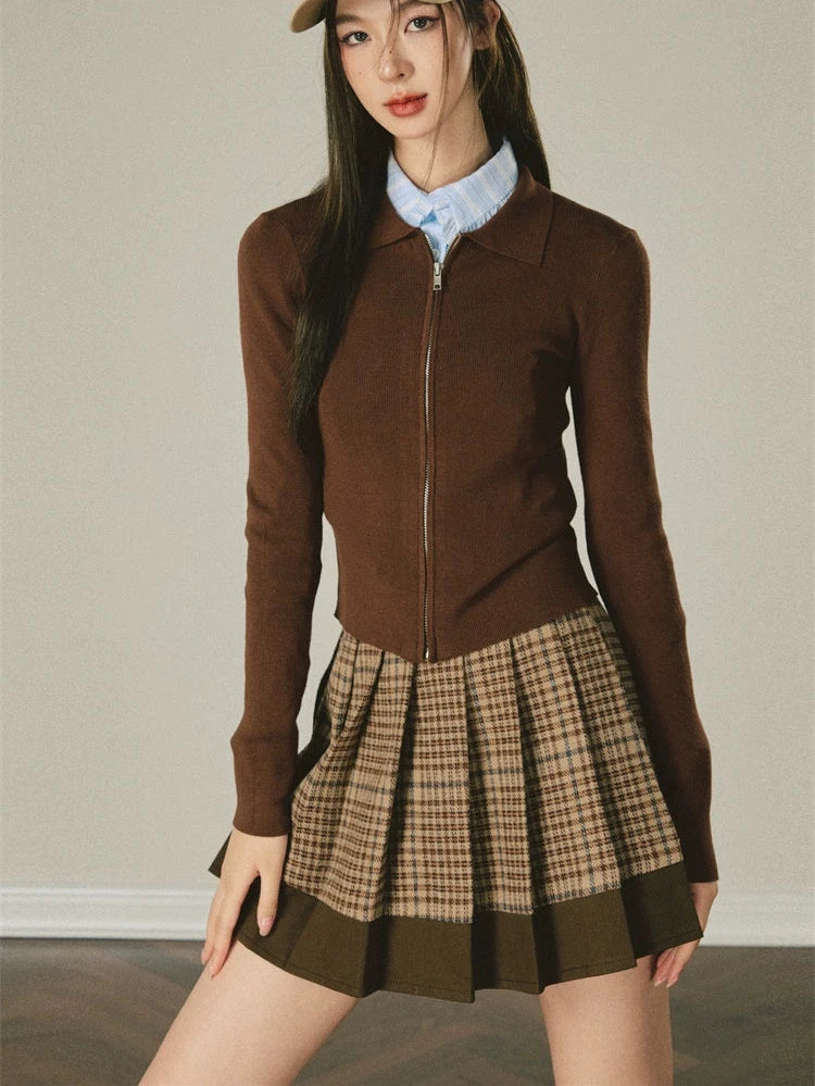 Vintage Check Panel Loose Pleated Short Skirt