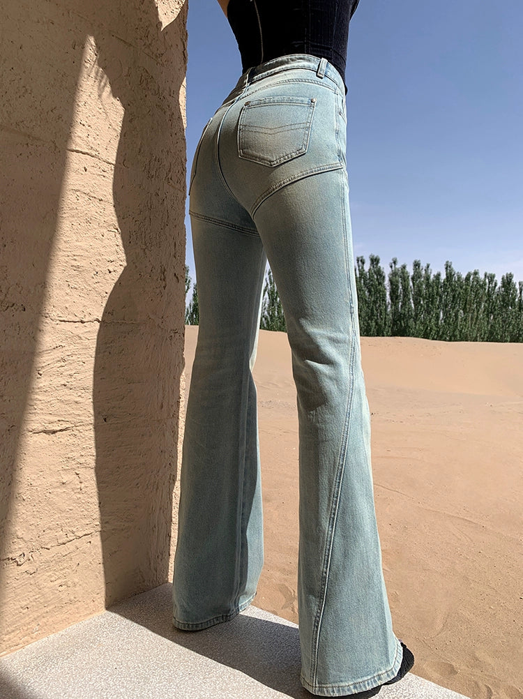 Xiaoliweiフレアストレートレッグワイドレッグジーンズ、夏の細いデザイン、レトロなスリムパンツ