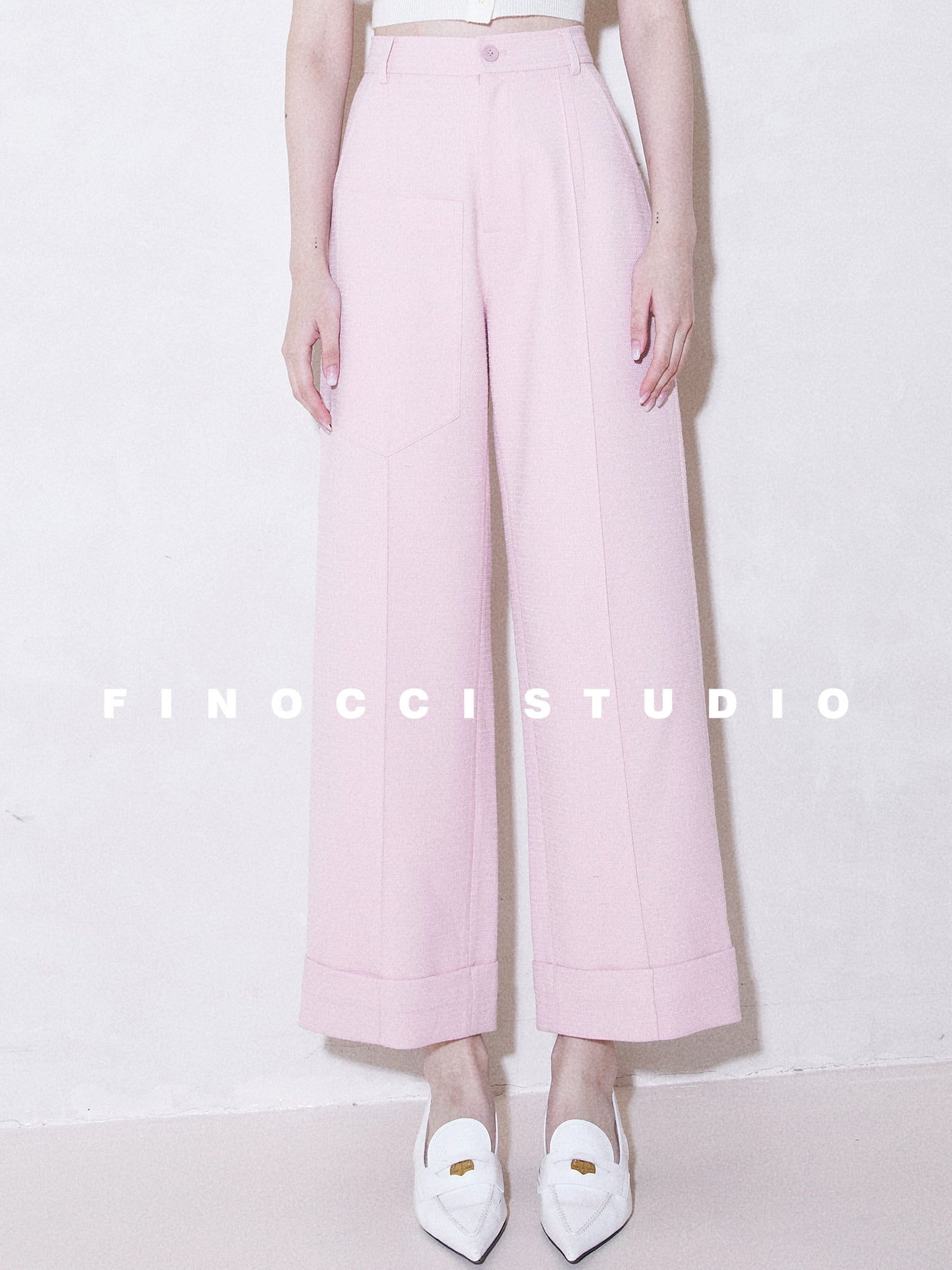 FINOCCI春の新しい照明春のワードローブゴッドパンツカラースピニング染め桜ピンクハイウエストカジュアルワイドレッグパンツ